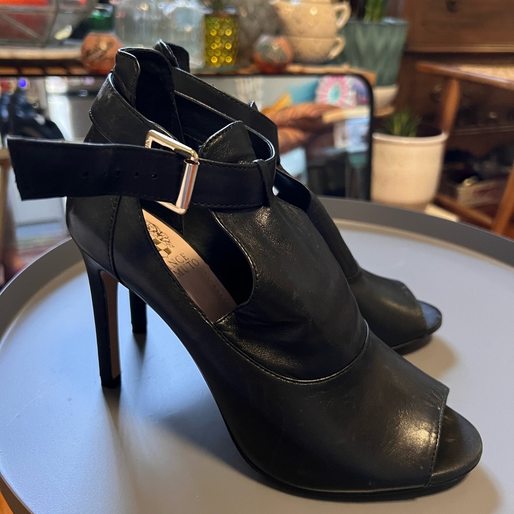 Vince Camuto Black Leather Peep-Toe Ankle-Strap Stilettos - Picture 13 of 16